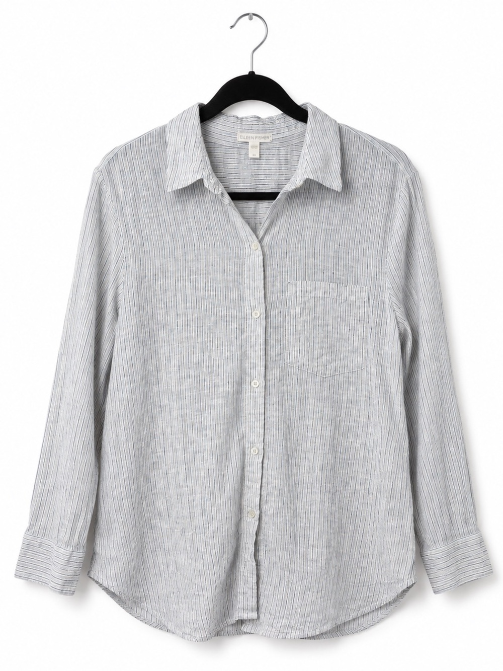 Eileen Fisher White and Light Gray Striped Linen Button-Down Shirt